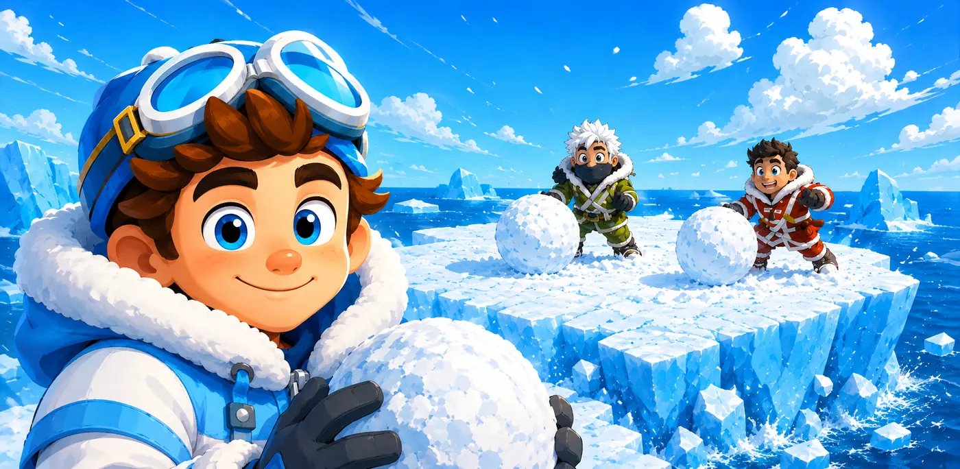 The hero holding a snowball on an ice floe, with two rivals rolling snowballs behind